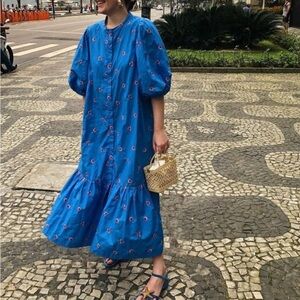 ZARA Marie Dress Size Medium Blue Floral Embroidered Puff Sleeve Tiered Midi